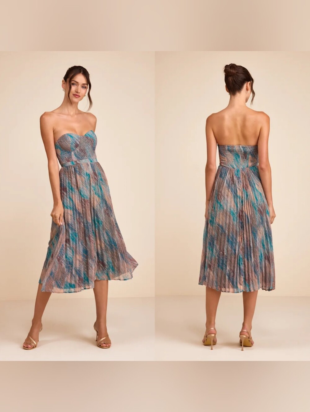 Lulus Juniva Teal Multi Abstract Print Pleated Bustier Midi Dress M Wedding
